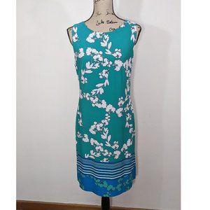 NWT CHAPS Floral Jersey Sheath Dress Green Blue White Stretch Sleeveless